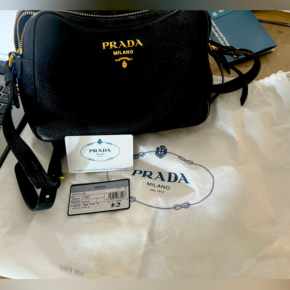 Prada Black Vitello Phenix Double Zip Crossbody Camera Bag